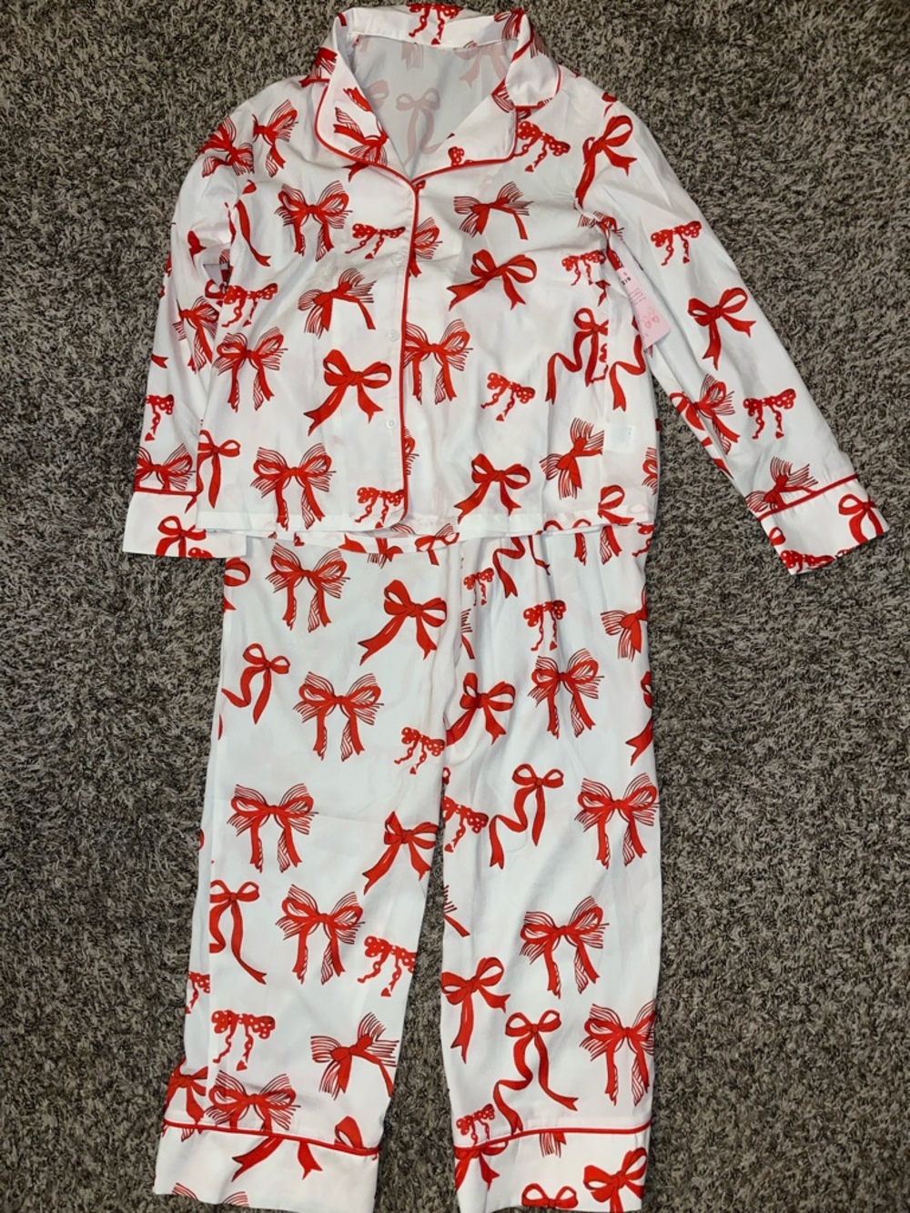 Boutique White Pajama Set with Red Bow Print